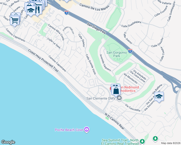 map of restaurants, bars, coffee shops, grocery stores, and more near 252 Del Gado Road in San Clemente