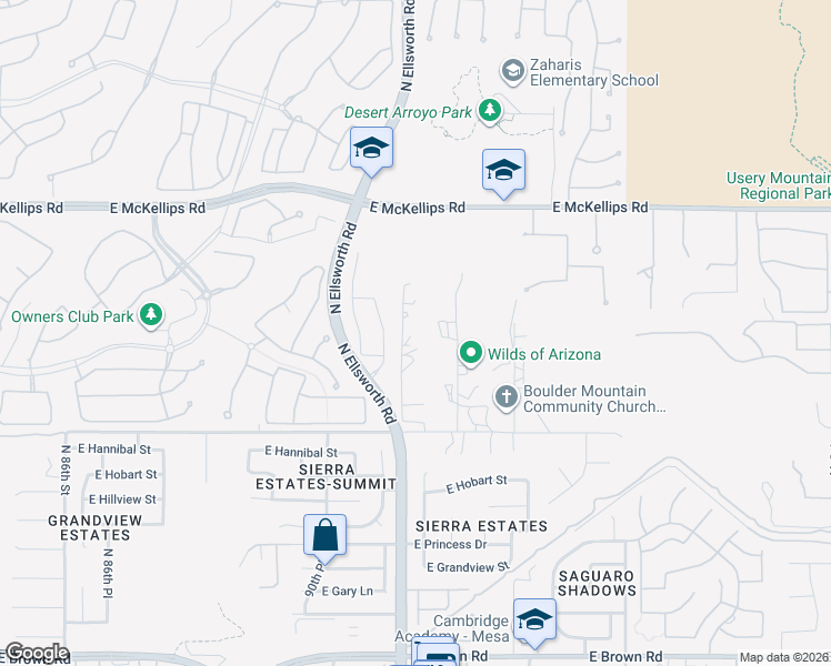 map of restaurants, bars, coffee shops, grocery stores, and more near 1745 North 92nd Street in Mesa