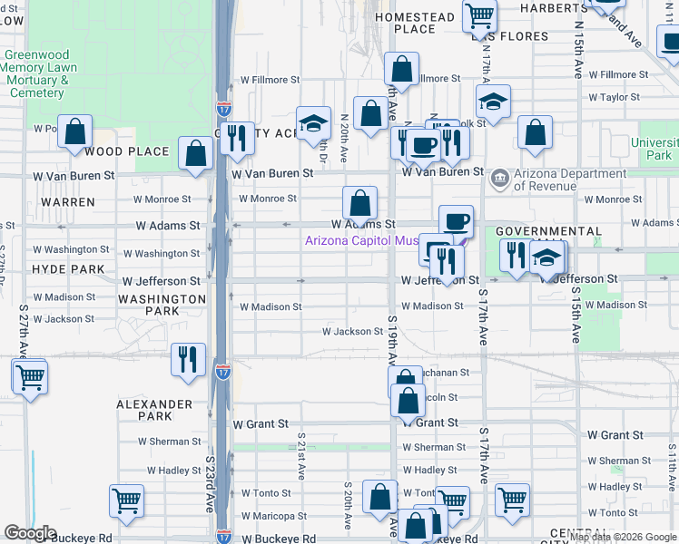 map of restaurants, bars, coffee shops, grocery stores, and more near 2002 West Jefferson Street in Phoenix