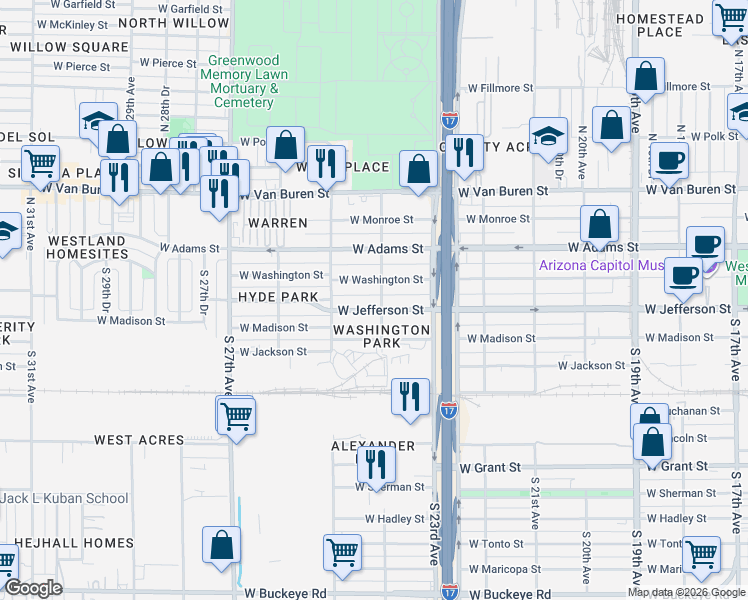 map of restaurants, bars, coffee shops, grocery stores, and more near in Phoenix
