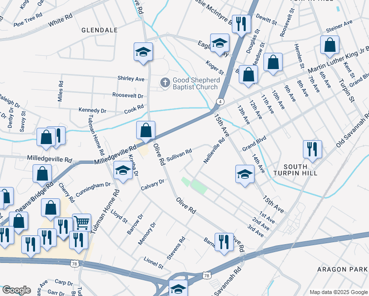 map of restaurants, bars, coffee shops, grocery stores, and more near 2222 Sullivan Road in Augusta