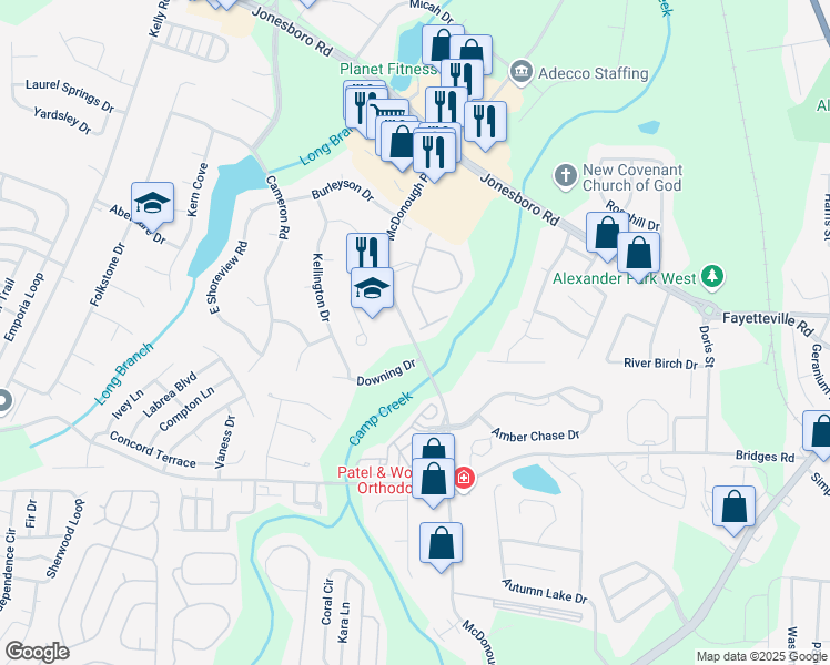 map of restaurants, bars, coffee shops, grocery stores, and more near 800 Walden Run Place in McDonough