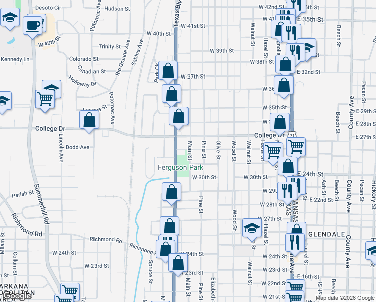 map of restaurants, bars, coffee shops, grocery stores, and more near 3108 Main Street in Texarkana