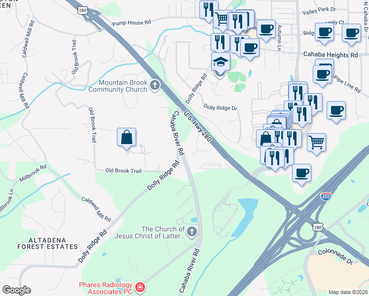 map of restaurants, bars, coffee shops, grocery stores, and more near 3121 Woodclift Circle in Birmingham
