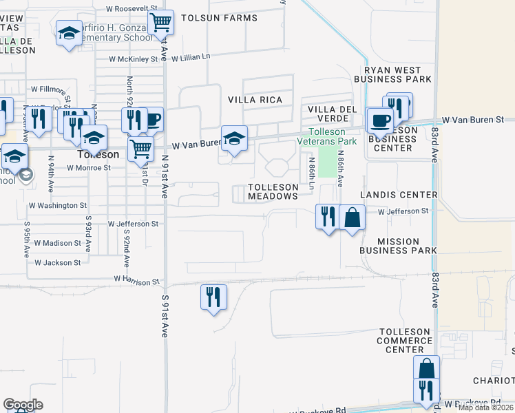 map of restaurants, bars, coffee shops, grocery stores, and more near 8766 West Jefferson Street in Tolleson