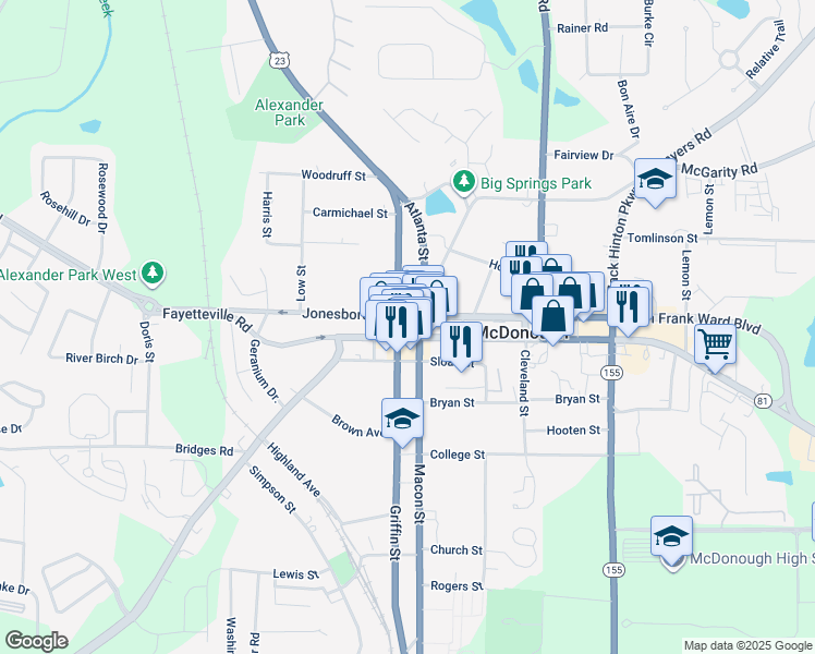 map of restaurants, bars, coffee shops, grocery stores, and more near in McDonough