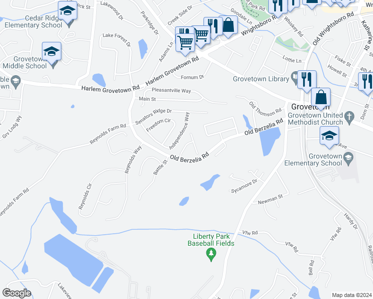 map of restaurants, bars, coffee shops, grocery stores, and more near 714 Whispering Willow Way in Grovetown