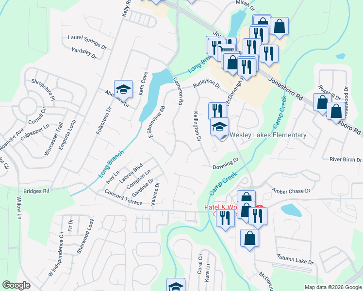 map of restaurants, bars, coffee shops, grocery stores, and more near 307 Cameron Road in McDonough