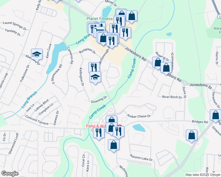 map of restaurants, bars, coffee shops, grocery stores, and more near 800 Walden Run Place in McDonough