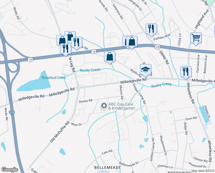 map of restaurants, bars, coffee shops, grocery stores, and more near 3356 Milledgeville Road in Augusta