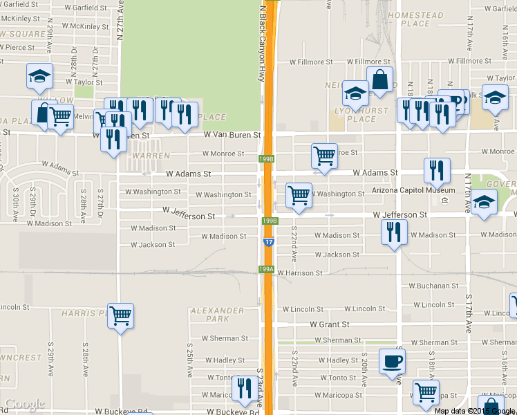 map of restaurants, bars, coffee shops, grocery stores, and more near 101 S 23rd Ave in Phoenix