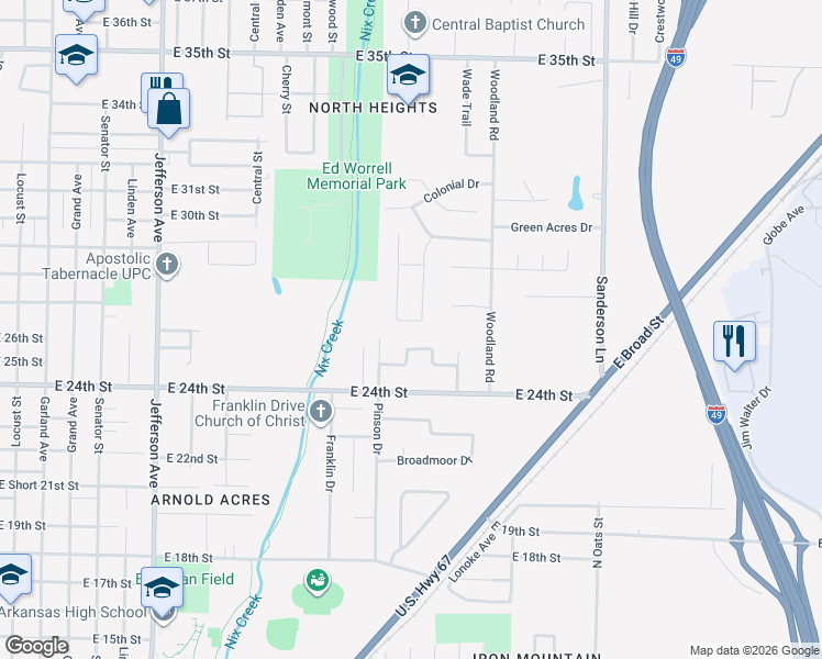 map of restaurants, bars, coffee shops, grocery stores, and more near 7 Briarridge Drive in Texarkana