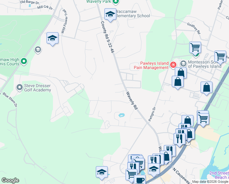 map of restaurants, bars, coffee shops, grocery stores, and more near 98 Atkinson Lane in Pawleys Island