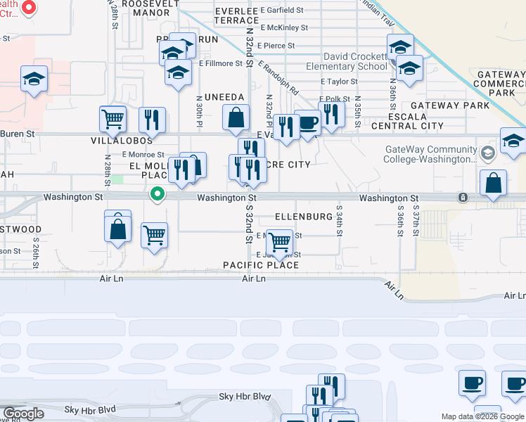 map of restaurants, bars, coffee shops, grocery stores, and more near 3201 East Jefferson Street in Phoenix