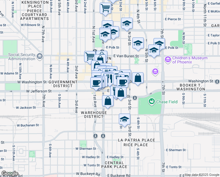map of restaurants, bars, coffee shops, grocery stores, and more near 2 East Jefferson Street in Phoenix