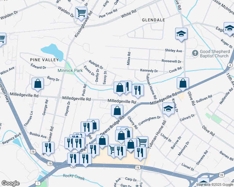 map of restaurants, bars, coffee shops, grocery stores, and more near 1977 Sanford Court in Augusta
