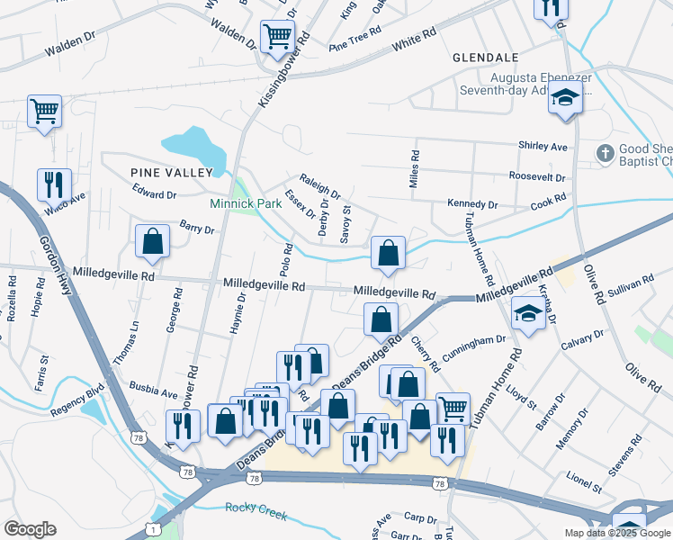 map of restaurants, bars, coffee shops, grocery stores, and more near 2561-2599 Milledgeville Road in Augusta