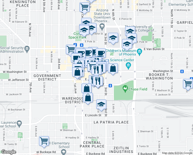 map of restaurants, bars, coffee shops, grocery stores, and more near 3 South 2nd Street in Phoenix