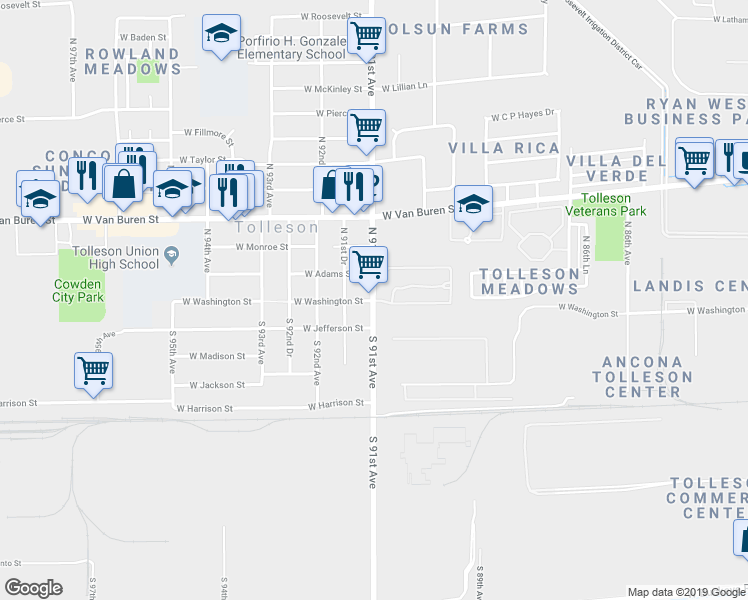 map of restaurants, bars, coffee shops, grocery stores, and more near 1-99 N 91st Ave in Tolleson