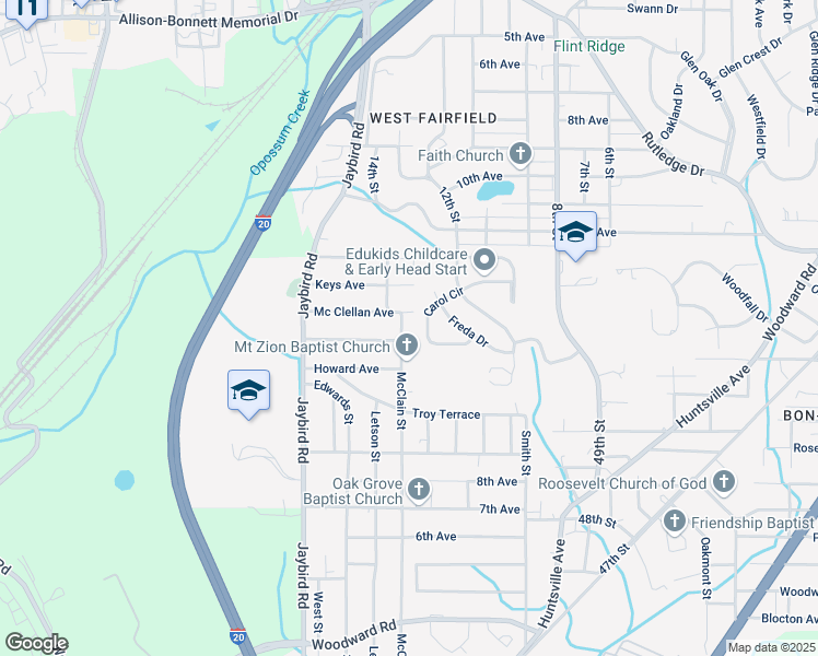 map of restaurants, bars, coffee shops, grocery stores, and more near 5205 Mcclain Street in Bessemer