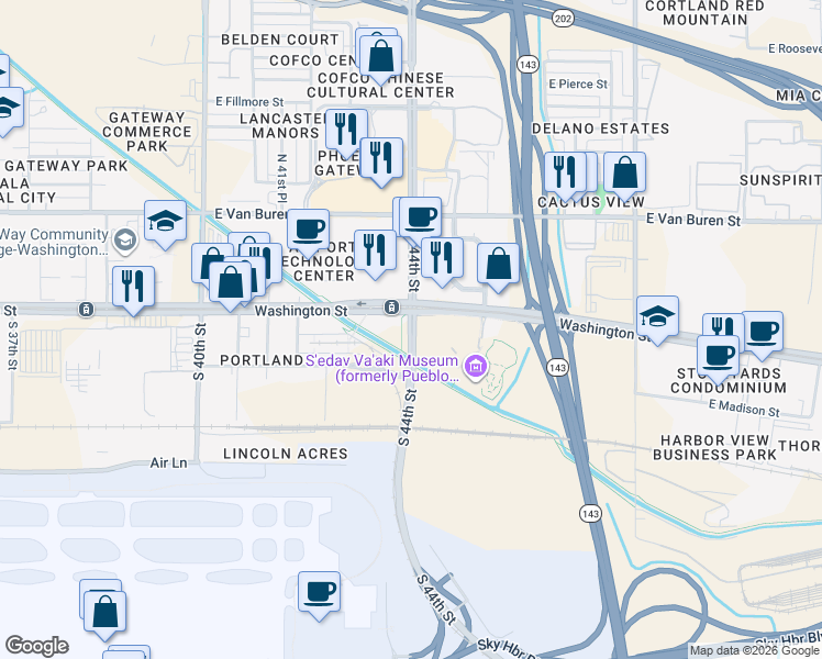 map of restaurants, bars, coffee shops, grocery stores, and more near 2 South 44th Street in Phoenix