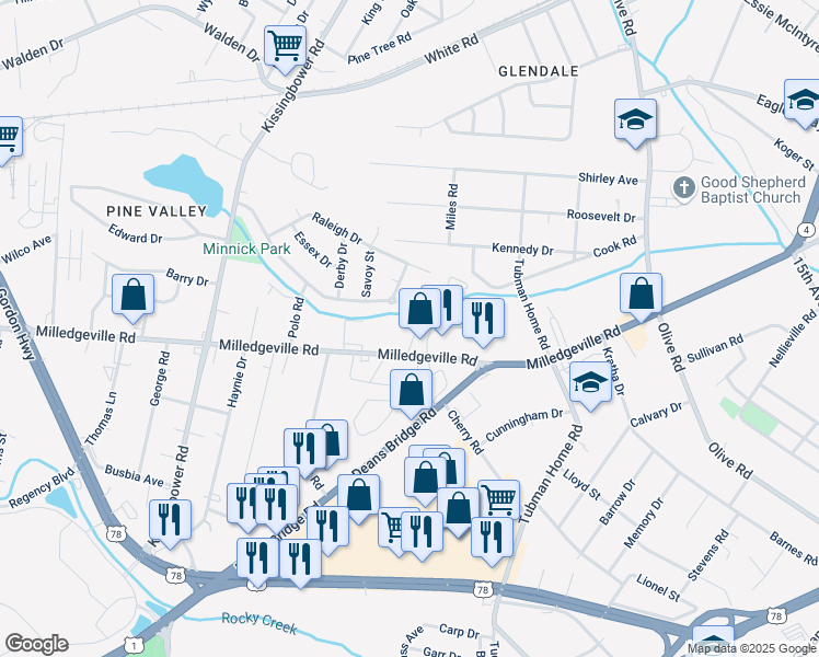 map of restaurants, bars, coffee shops, grocery stores, and more near 1977 Sanford Court in Augusta