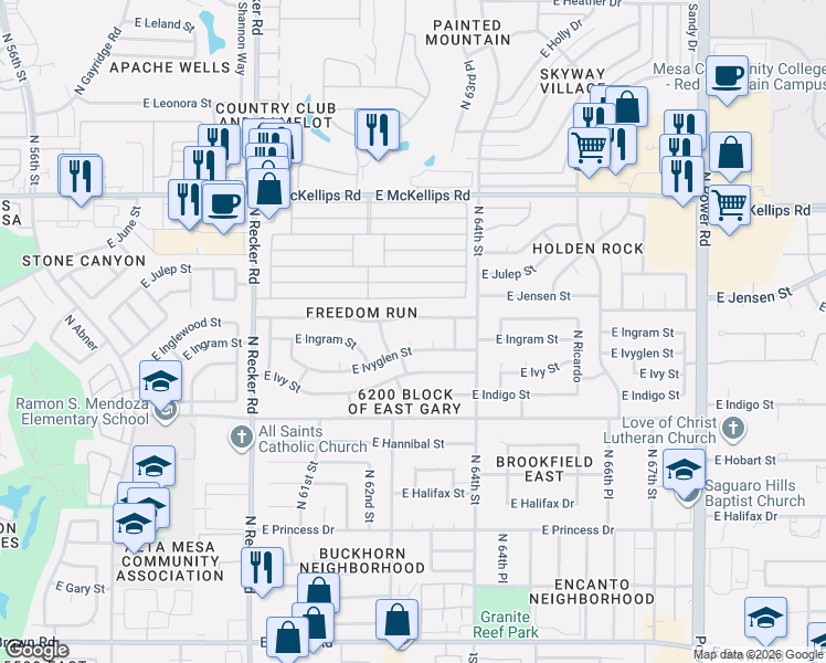 map of restaurants, bars, coffee shops, grocery stores, and more near 1705 North Pinnule in Mesa
