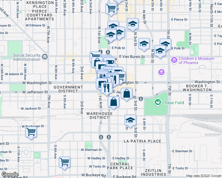 map of restaurants, bars, coffee shops, grocery stores, and more near 11 South Central Avenue in Phoenix