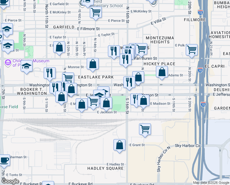 map of restaurants, bars, coffee shops, grocery stores, and more near 1510 East Jefferson Street in Phoenix