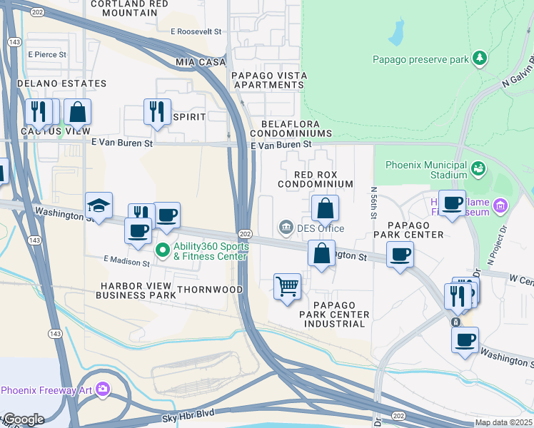 map of restaurants, bars, coffee shops, grocery stores, and more near 5310 Washington Street in Phoenix