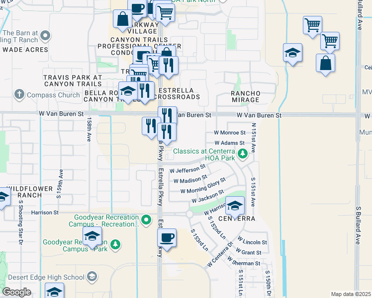 map of restaurants, bars, coffee shops, grocery stores, and more near 15390 West Centerra Drive in Goodyear