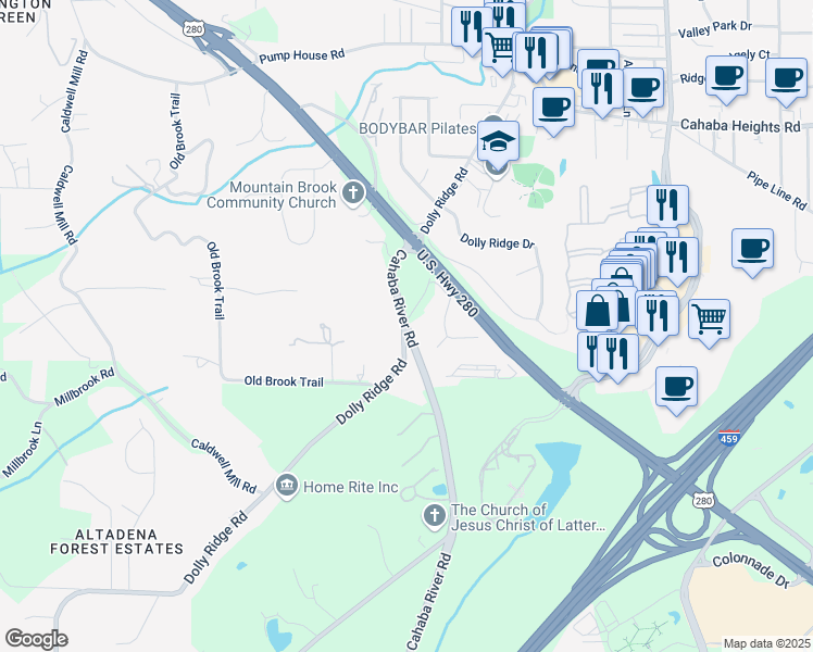 map of restaurants, bars, coffee shops, grocery stores, and more near 3196 Old U.S. 280 in Birmingham