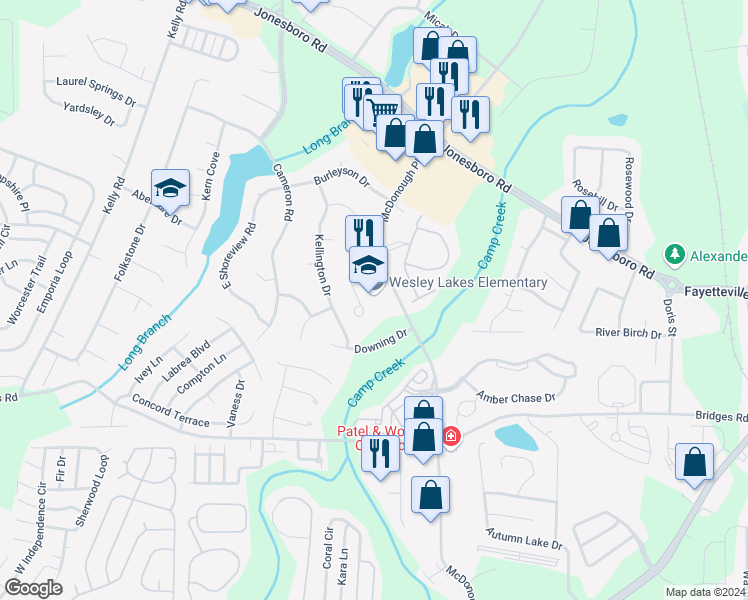 map of restaurants, bars, coffee shops, grocery stores, and more near 685 McDonough Parkway in McDonough