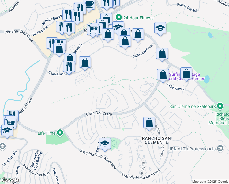 map of restaurants, bars, coffee shops, grocery stores, and more near 1074 Calle Del Cerro in San Clemente
