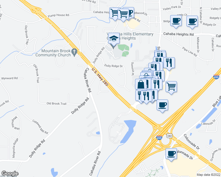 map of restaurants, bars, coffee shops, grocery stores, and more near 3149 Woodclift Circle in Birmingham
