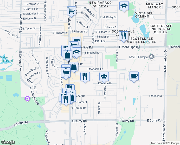 map of restaurants, bars, coffee shops, grocery stores, and more near 1089 East Susan Lane in Tempe