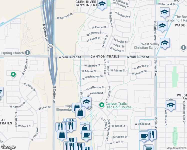 map of restaurants, bars, coffee shops, grocery stores, and more near 16807 West Washington Street in Goodyear