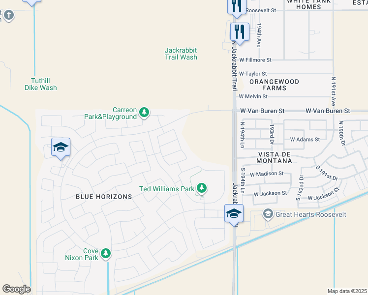 map of restaurants, bars, coffee shops, grocery stores, and more near 19717 West Jefferson Street in Buckeye