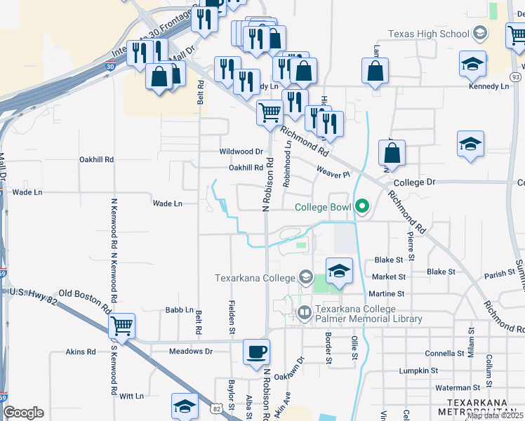 map of restaurants, bars, coffee shops, grocery stores, and more near 3200-3298 N Robison Rd in Texarkana