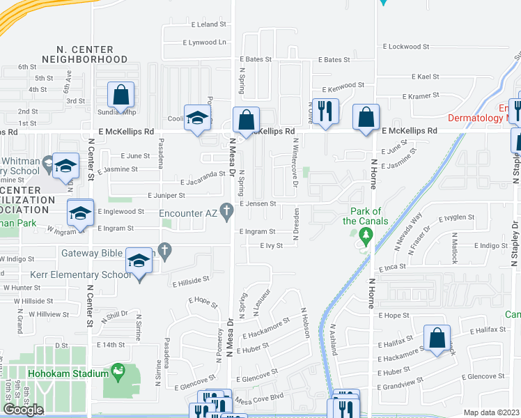 map of restaurants, bars, coffee shops, grocery stores, and more near 1726 North Summer Circle in Mesa