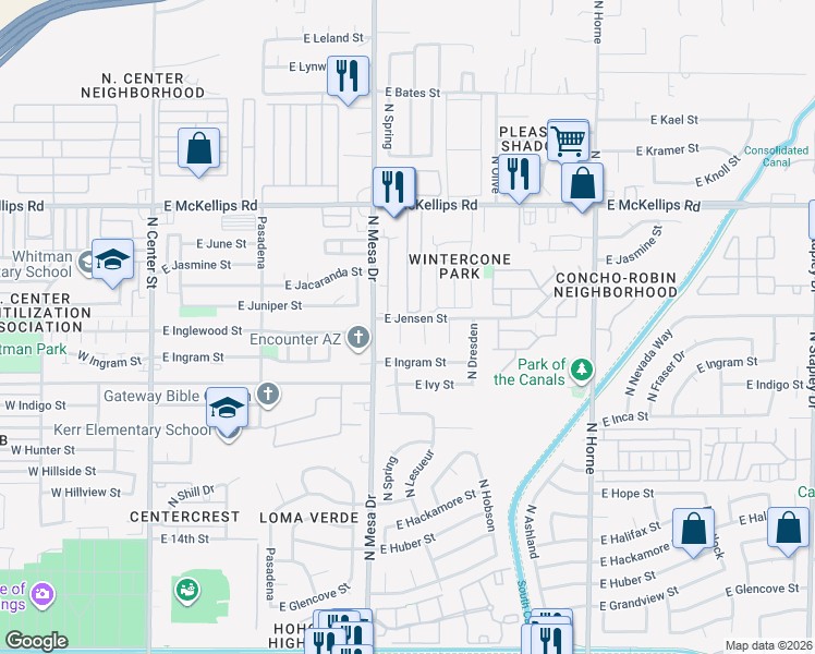 map of restaurants, bars, coffee shops, grocery stores, and more near 1726 North Summer Circle in Mesa