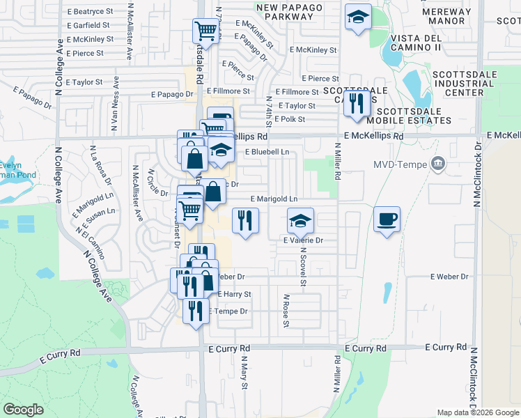 map of restaurants, bars, coffee shops, grocery stores, and more near 1089 East Susan Lane in Tempe