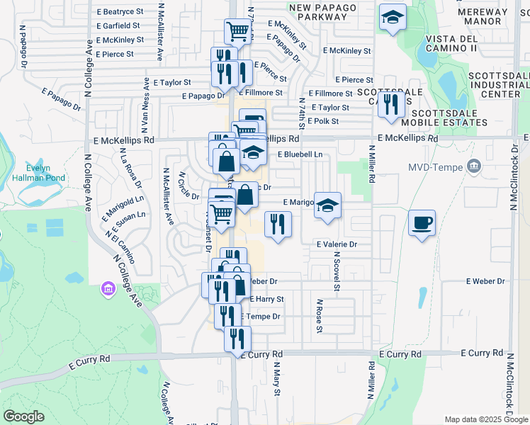 map of restaurants, bars, coffee shops, grocery stores, and more near 1031 East Susan Lane in Tempe