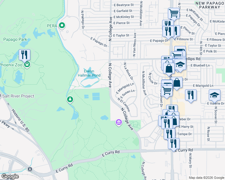 map of restaurants, bars, coffee shops, grocery stores, and more near 1618 North El Camino in Tempe