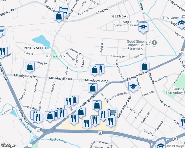 map of restaurants, bars, coffee shops, grocery stores, and more near 1975 Sanford Court in Augusta