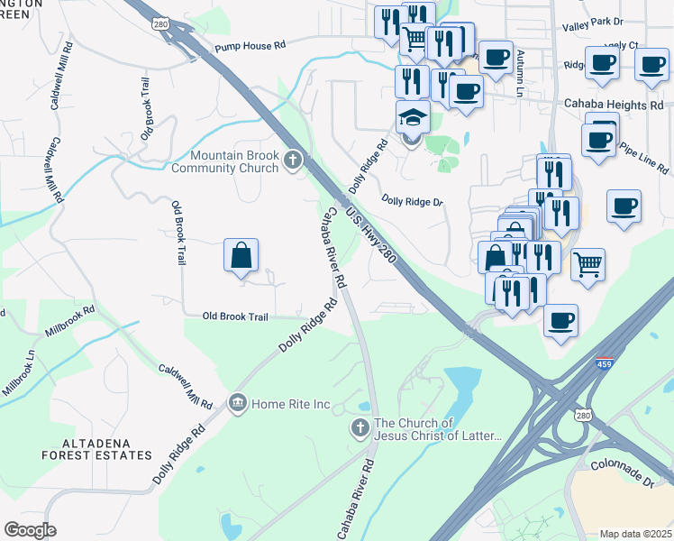 map of restaurants, bars, coffee shops, grocery stores, and more near 4500 Dolly Ridge Road in Vestavia Hills