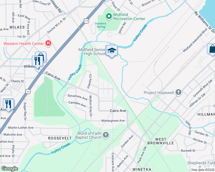 map of restaurants, bars, coffee shops, grocery stores, and more near 5100 Lillian Street in Birmingham