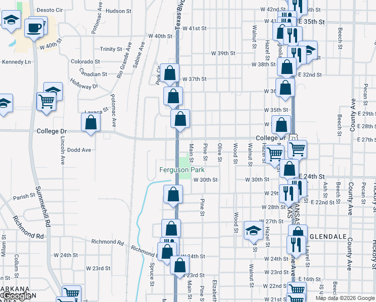 map of restaurants, bars, coffee shops, grocery stores, and more near 3108 Main Street in Texarkana