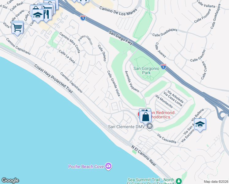 map of restaurants, bars, coffee shops, grocery stores, and more near 238 Del Gado Road in San Clemente