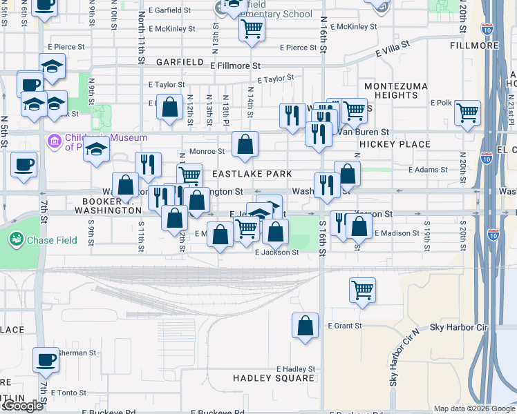 map of restaurants, bars, coffee shops, grocery stores, and more near 1406 East Jefferson Street in Phoenix